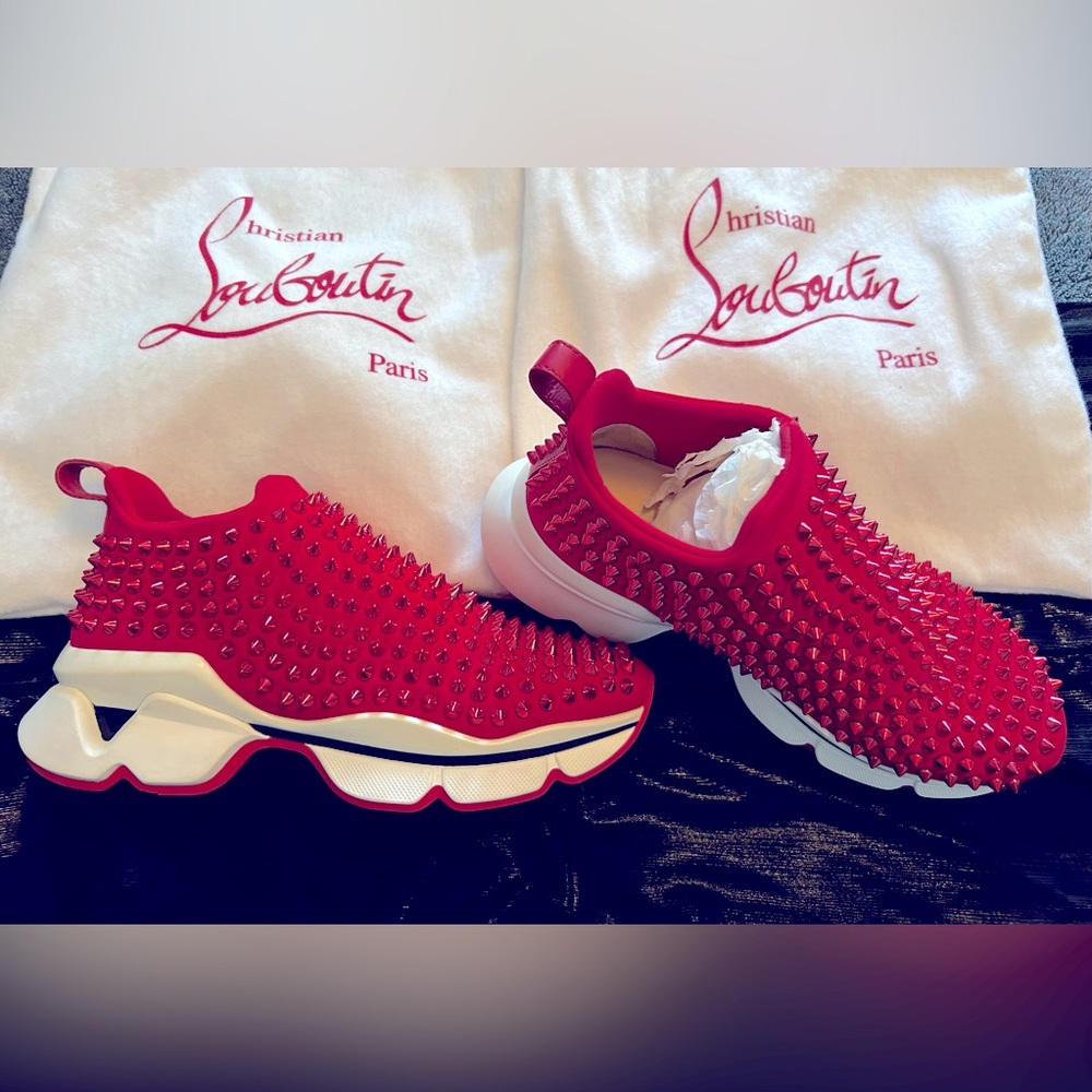 RED BOTTOMS Christian Louboutin Spike Sock Red Studded Sneakers, LIKE NEW!❤️‍🔥
